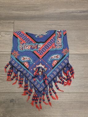 Vintage Handcrafted Western Beaded Fringe Bandana Scarf Paisley Boho Cowgirl Blu
